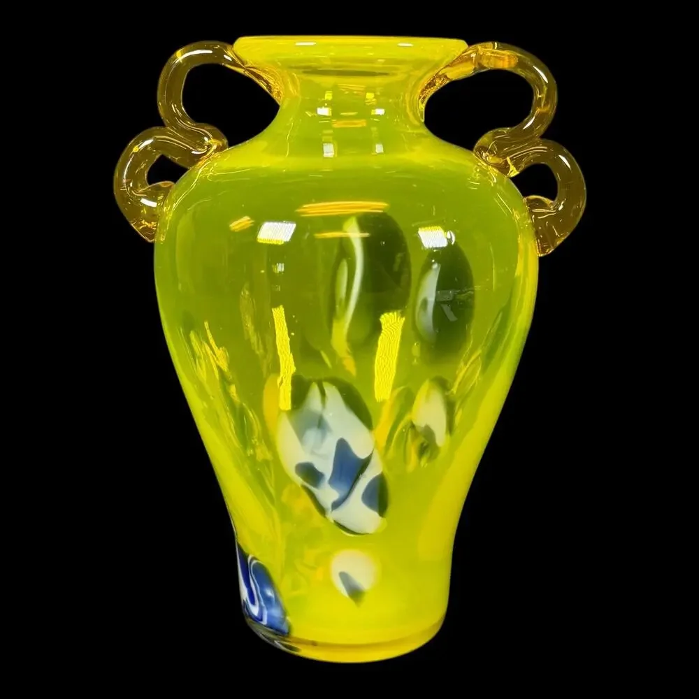 Hand Blown Art Glass Vase Yellow Handles Murano style vintage 7in
